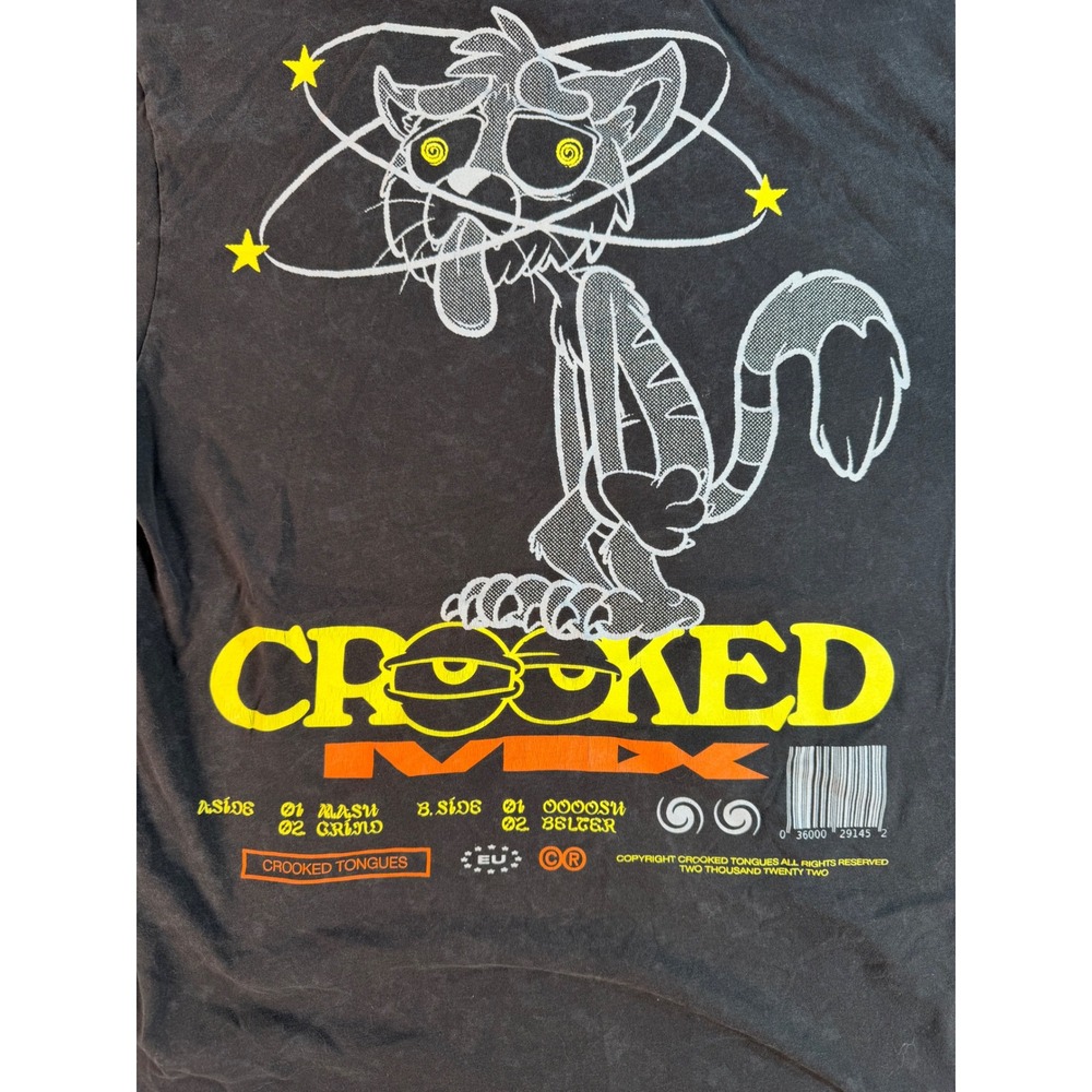 Crooked Tongues Mens Graphic T-Shirt Black Faded Cartoon Cat Streetwear Size M - Picture 5 of 5